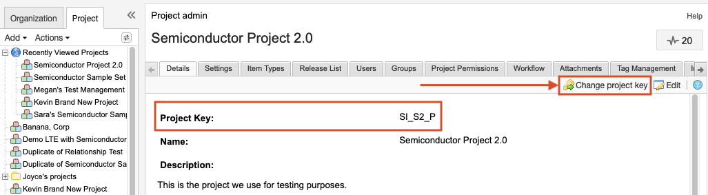 The Details tab for a selected project shows that the Change project key button and the Project Key value are highlighted.
