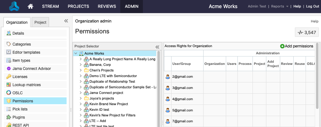 The Permissions option is selected on the Organization tab, and a project is selected in the details panel.