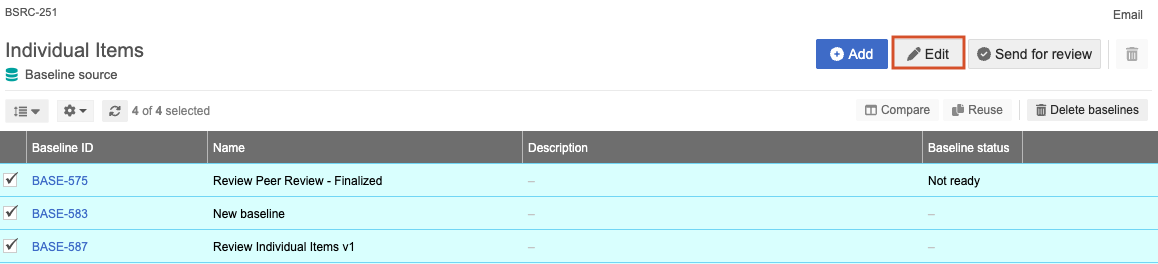 The main details panel shows a listed baseline is selected along with the Edit button in the toolbar.