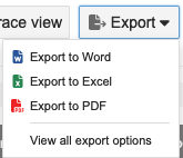 Export menu options are Word, Excel, PDF and View all export options.