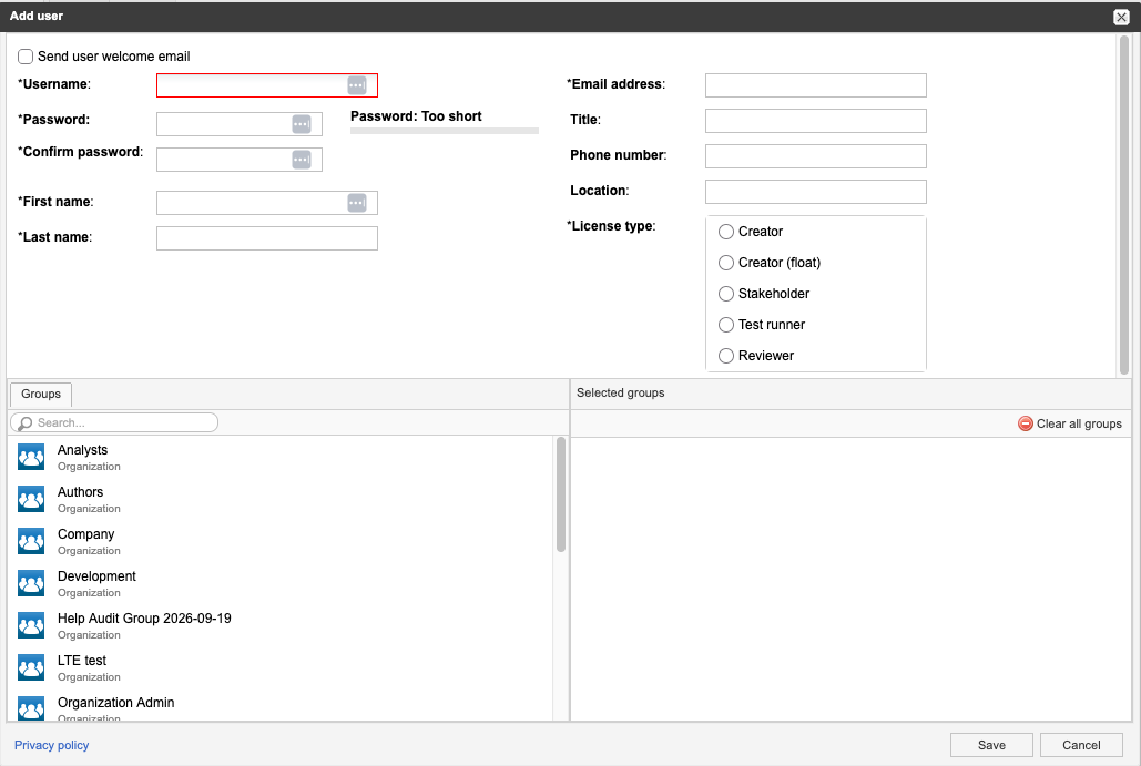 The Edit user window includes the options and fields that define a user.