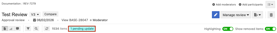 Blue status bar of a review indicates pending updates.