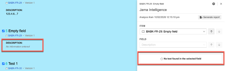 An empty field is highlighted and the Jama Connect Advisor report displays an empty Description field and an error message that are highlighted.