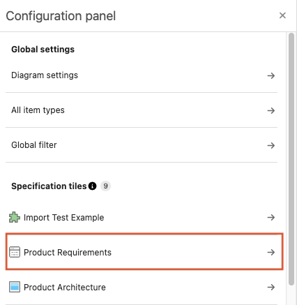 The Configuration panel shows that the Product Requirements tile is selected.