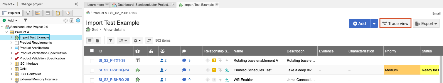 The Trace View icon is highlighted for the selected item in the Explorer Tree.