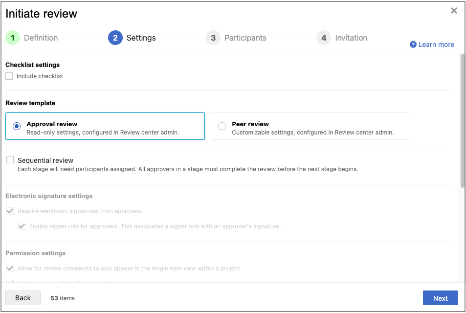 Image shows default review settings: require electronic signatures from approvers, make public, let approvers add reviewers and approvers, let approvers delegate their review to others, enable time tracking.