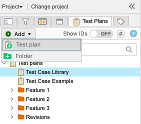 On the Test Plans tab, the Add drop-down menu shows the Test plan option is selected.