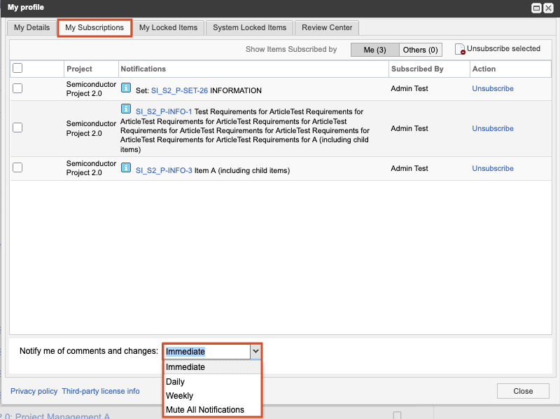 The My Subscriptions tab is highlighted on the My Profile page, along with the drop-down list options for when to be notified about subscription comments and changes.