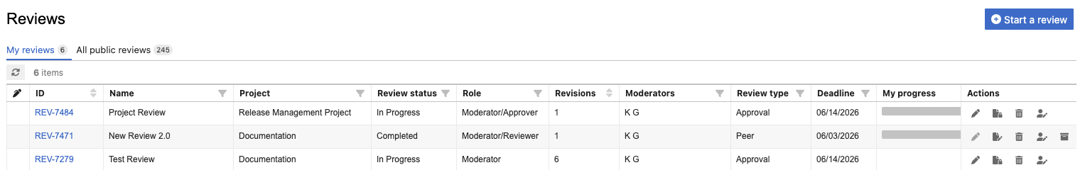 Select Reviews from the header, then select a review to edit items.