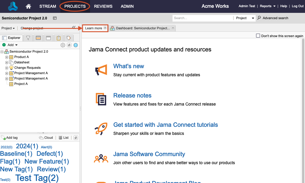 The Projects button in the header is highlighted, and the Learn more button in the UI is highlighted.
