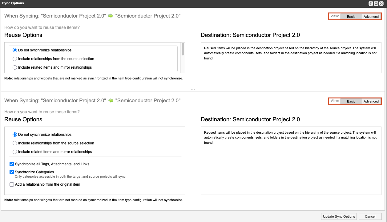 The Sync Options window shows two sections that compare reused items and containers; each section has the Basic tab highlighted.