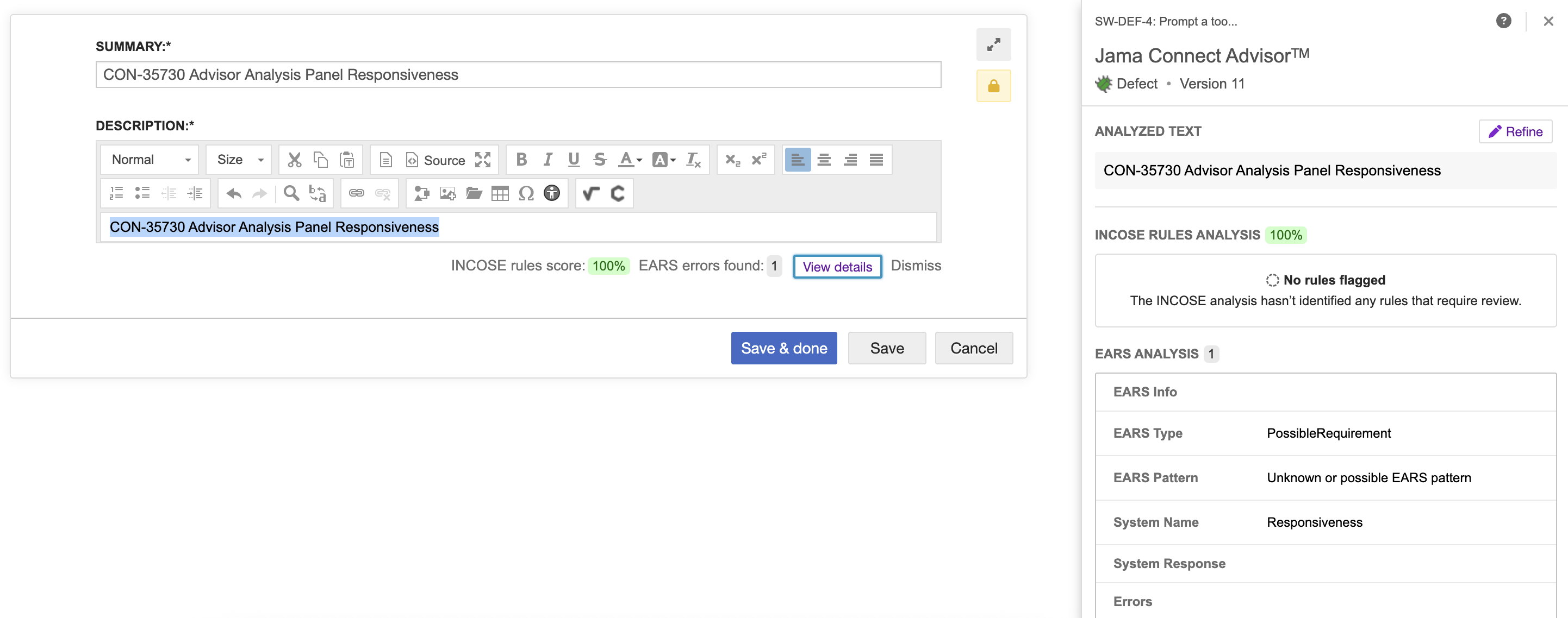 The analysis report displays a score for INCOSE Rules analysis and the number of errors found for EARS analysis.