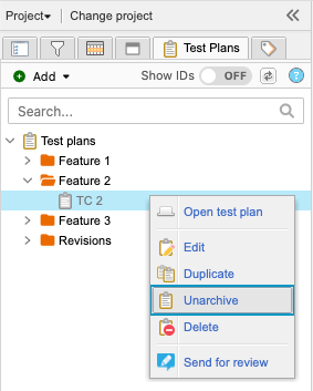 The Explorer Tree shows a selected test plan and the drop-down menu option Unarchive is selected.