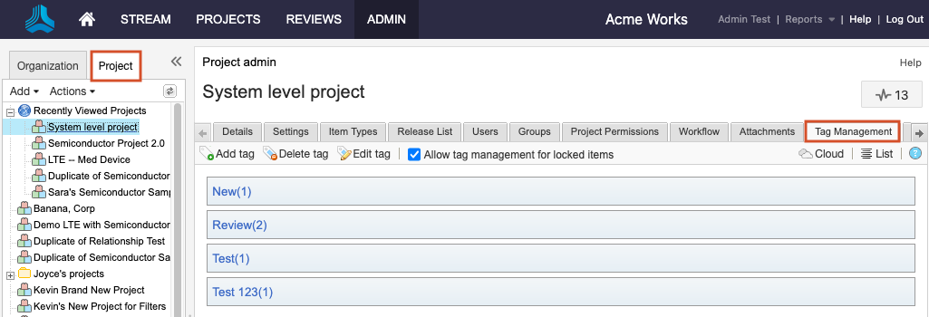 The Admin button is highlighted in the header, along with the Project tab and the Tag Management tab for the selected project.