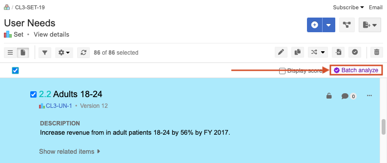 The Batch analyze button above the list of items is highlighted.