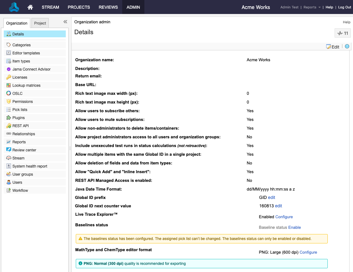 The Details page for an example Organization displays the list of available options to define your organization.