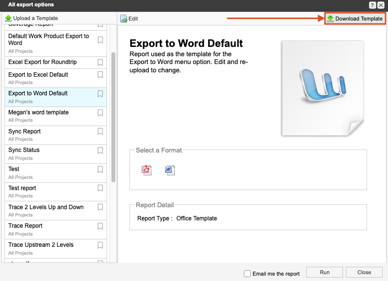 The All export options windows shows Export to Excel Default template is selected and the submenu lists the available actions.