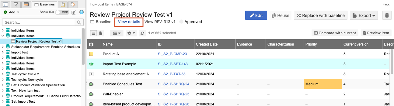 In the Baselines tab of the Explorer Tree, select a baseline then select View details in the center panel.