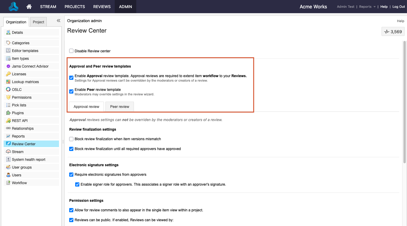 The details panel for the Review center page highlights the options for defining Approval and Peer review templates.