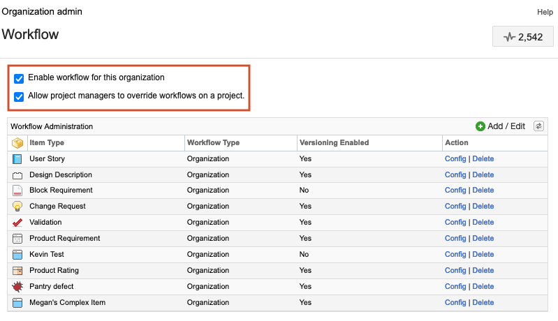 Two options at the top of the Workflow details page are selected and highlighted: Enable workflow for this organization and Allow project managers to override workflows for a project.