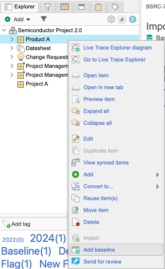 Project Explorer Tree shows an item selected and the submenu option Add baseline selected.