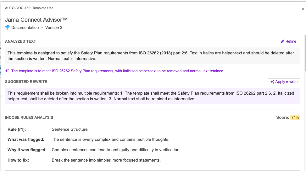 Jama Connect Advisor window displays the details of the analyzed text, including INCOSE Rules analysis and EARS analysis.
