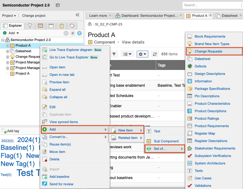 Select a project, then from cascading menues select Add > New item > Set of > Change Requests.