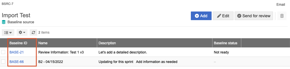 A baseline is selected in the Explorer Tree and in the details panel an item's ID link is selected.