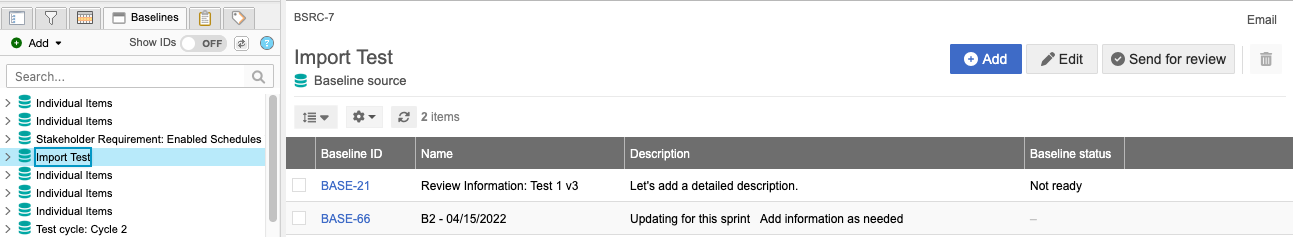 The Baselines tab is selected in the Explorer Tree and a baseline is selected from the list.