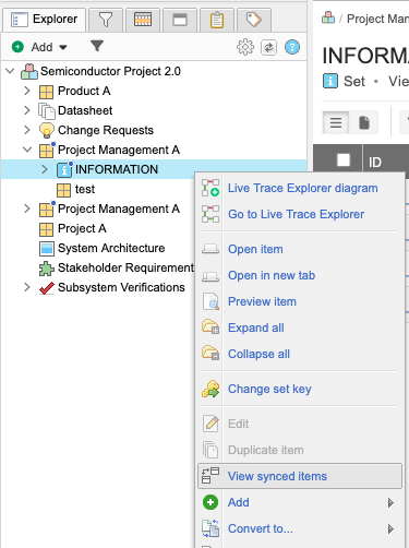 The View synced items option is highlighted in the drop-down list for an item in the Project tree.