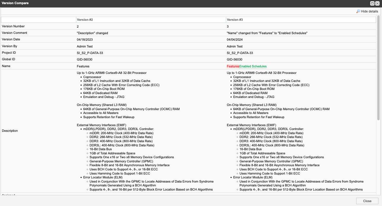Version Compare window shows deleted text in red and added text in green.