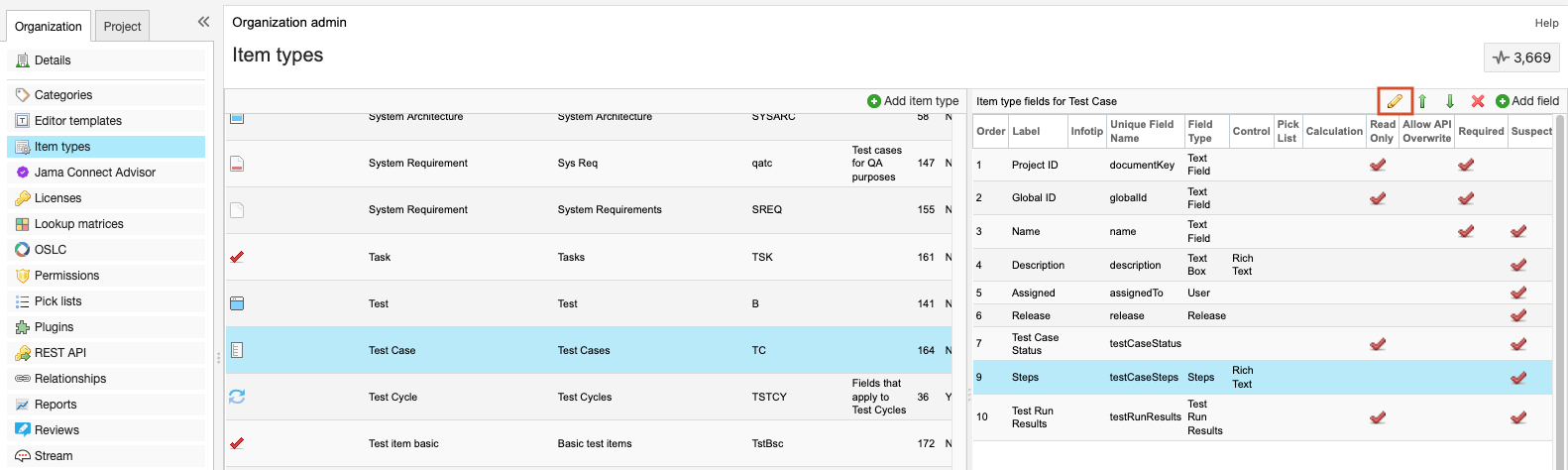 The Item types page shows that the Edit action in the toolbar is selected for the Steps item type.