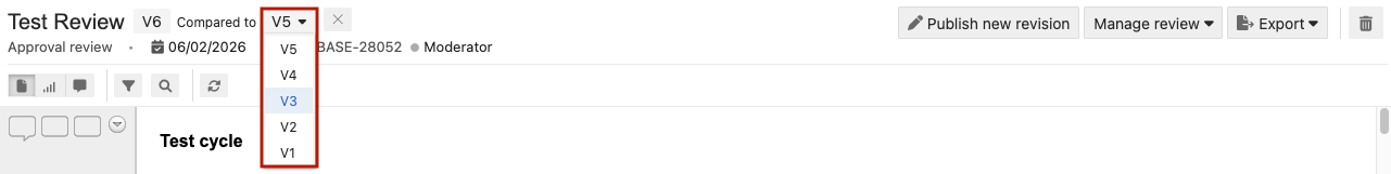 In the review, use the versions drop-down menu to select a version to compare.