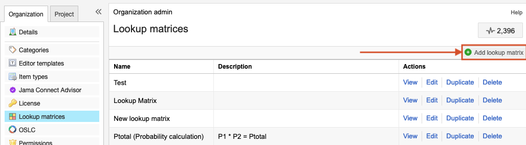 The Add lookup matrix button is highlighted on the Lookup matrices page.
