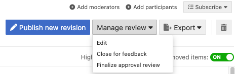 Options for Manage review drop-down menu.