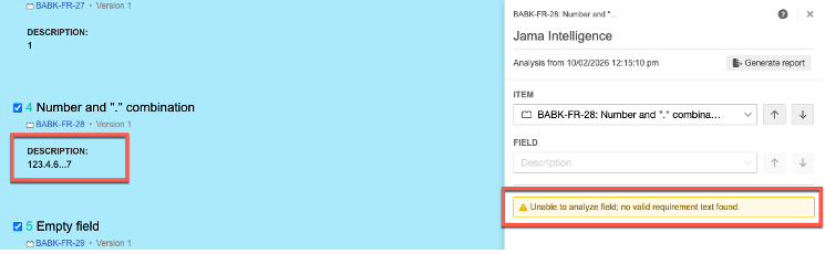 A series of numbers is highlighted and the Jama Connect Advisor report displays an empty Description field and an error message that are highlighted.