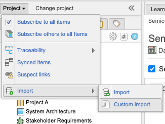 The Project drop-down menu shows that the Import > Custom Import option is selected.