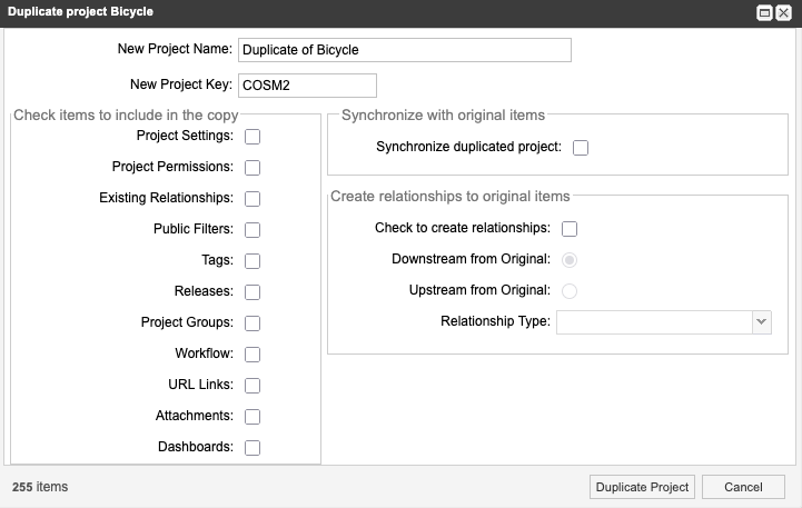 The Duplicate project window displays the fields and options for copying an existing project.