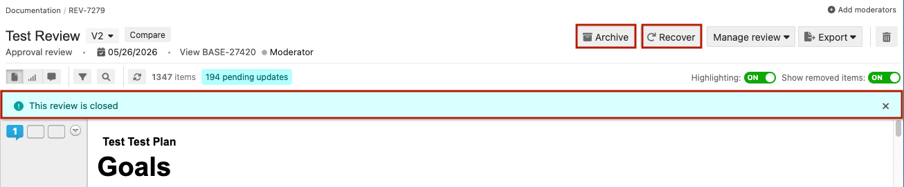 Review's blue status bar notifies participants if review is closed.
