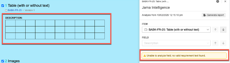 A table is highlighted and the Jama Connect Advisor report displays an empty Description field and an error message that are highlighted.
