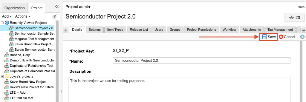 The Details tab for a selected project shows that the Save button is highlighted.