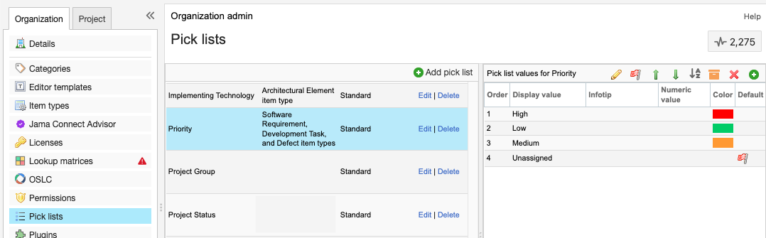 The Pick lists page displays the available pick lists.