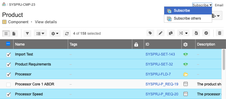Use List View to select multiple items, then select Subscribe from the drop-down menu.