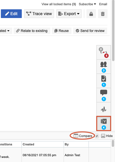 The Versions widget and the Compare action are highlighted to compare changes between versions of an item.