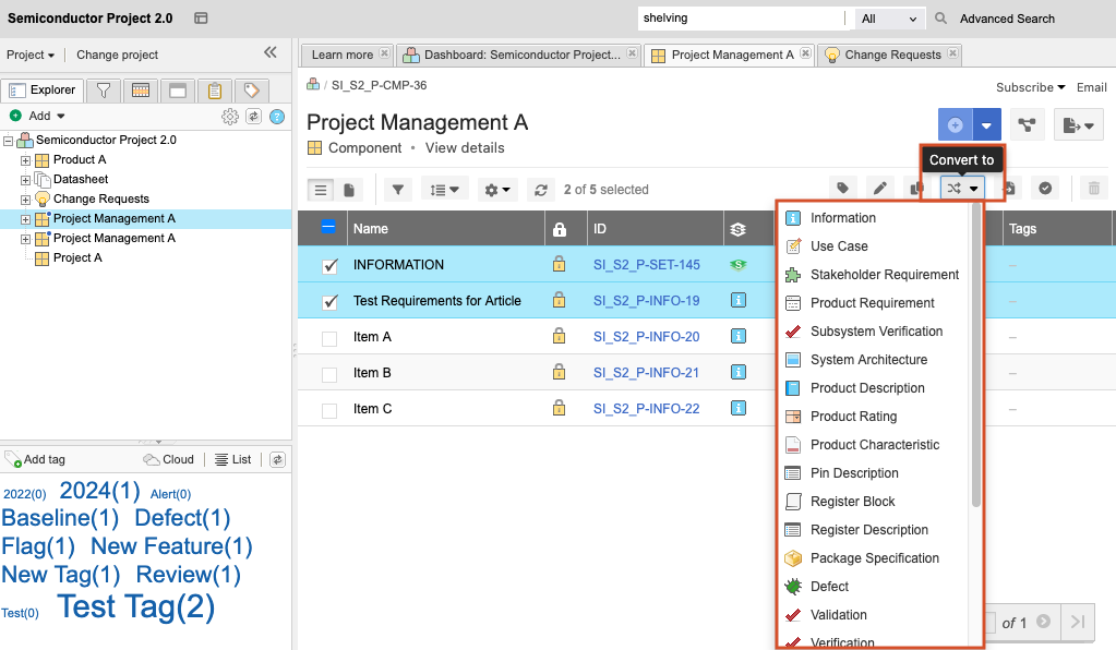 List View displays selected items and Convert to option is highlighted in the Actions pull-down menu.