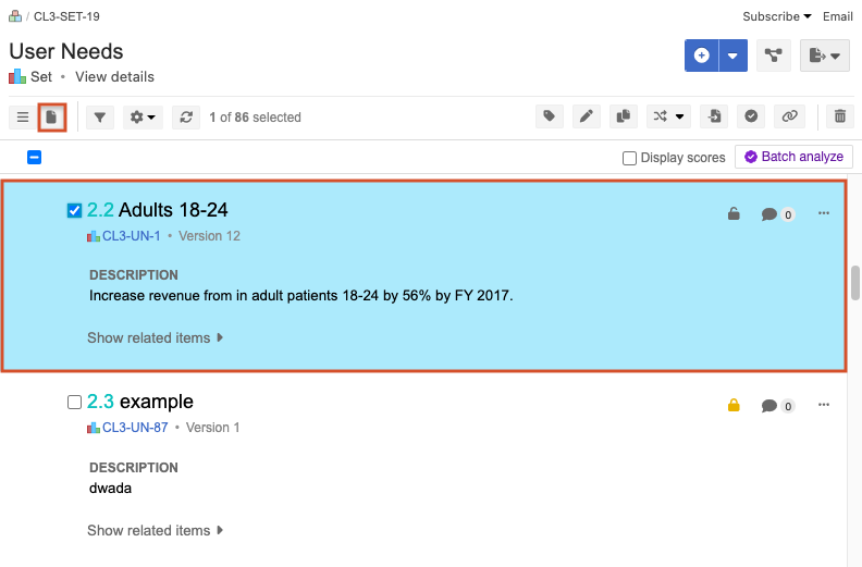 In Document View, one item is selected to be analyzed.