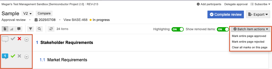 In the review, use Batch item actions to mark all items.