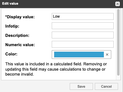 The Edit value window shows an example field values with green as the selected color.