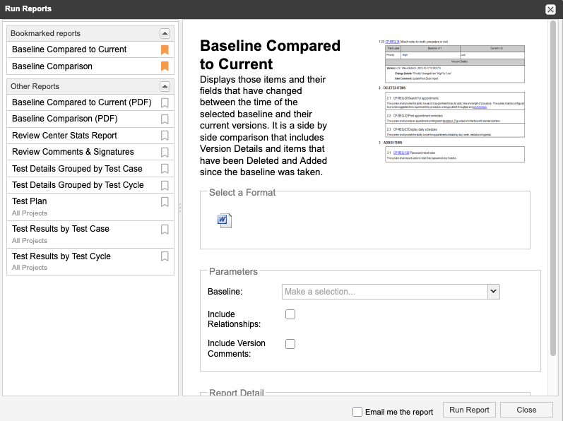 The Run Reports list displays all default and custom reports; bookmarked reports are at the top of the list.