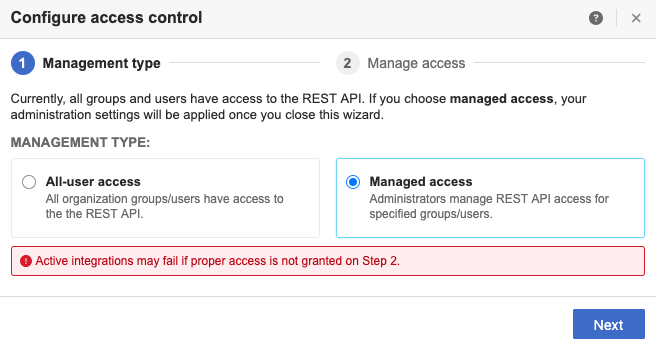 The Configure access control wizard shows Managed access as the selected Management type.